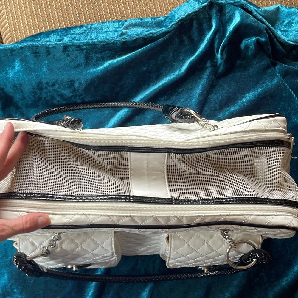Faux patent leather quilted pet carrier